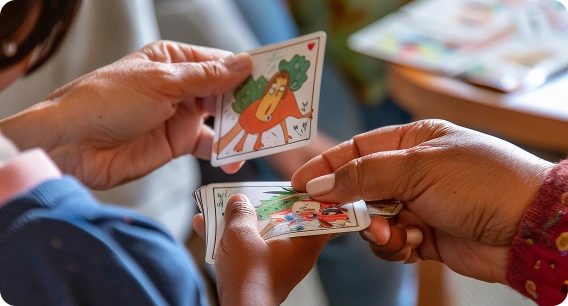 Közelkép emberekről, akik színes, illusztrált kártyákkal kártyáznak. A jelenet könnyed és interaktív hangulatot áraszt, és elősegíti az összetartozás érzését.