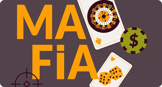Négy fedorás, kabátos, fegyveres férfi áll a „MAFIA” felirat alatt. Kártyák, kockák és egy rulettkerék látható, ami bűnözői hangulatot áraszt.
